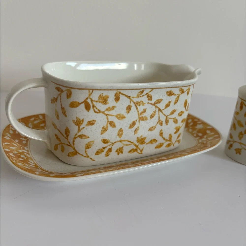 Vintage Mikasa Intaglio Gravy Boat with Salt and Pepper Shakers Ardsley Yellow